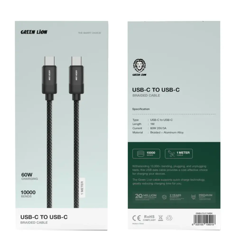 Green Lion USB-C to USB-C Braided Cable 1m 60W – Black