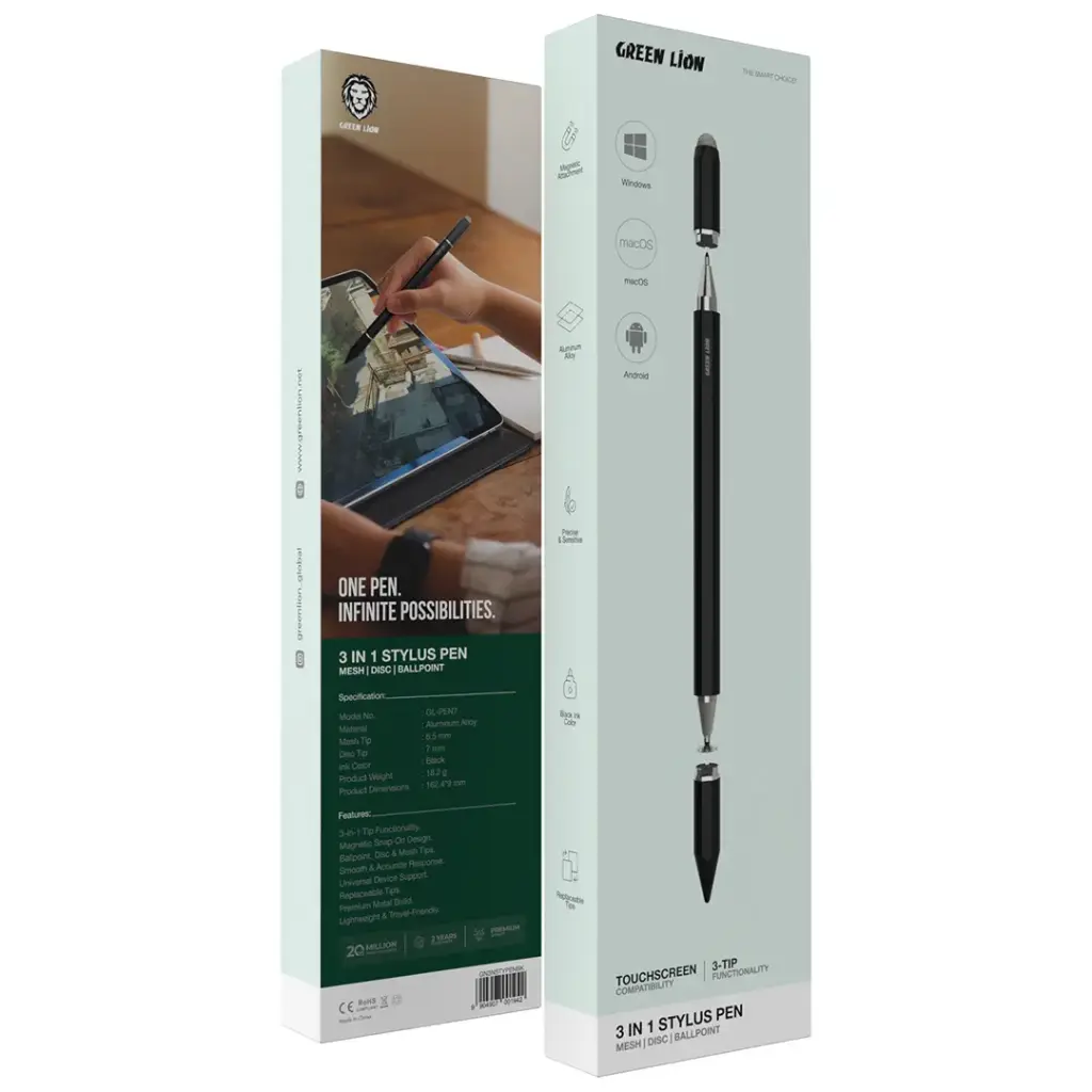 Green Lion 3-In-1 Stylus Pen - Black