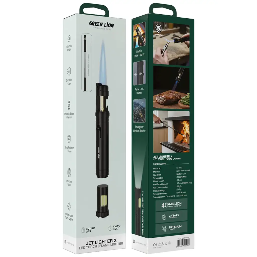 Green Lion Jet Lighter X LED Torch & Flame Lighter - Black